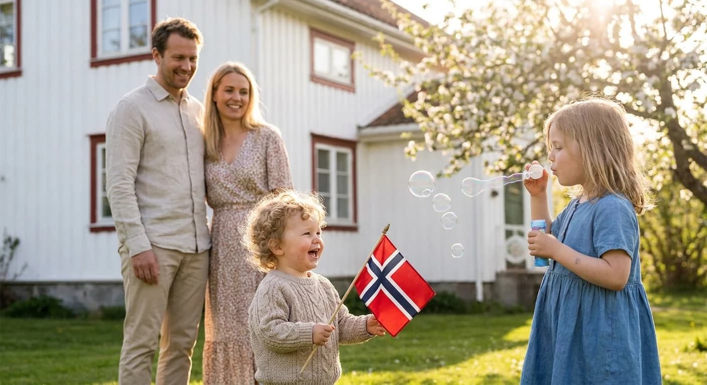 Norsk familie med barn som leker i hagen på 17. mai med flagg og såpebobler