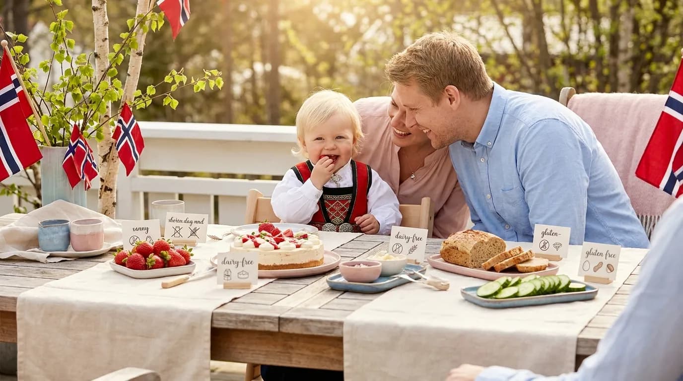 Allergivennlig 17. mai-bord med merkede retter og barn som spiser trygt