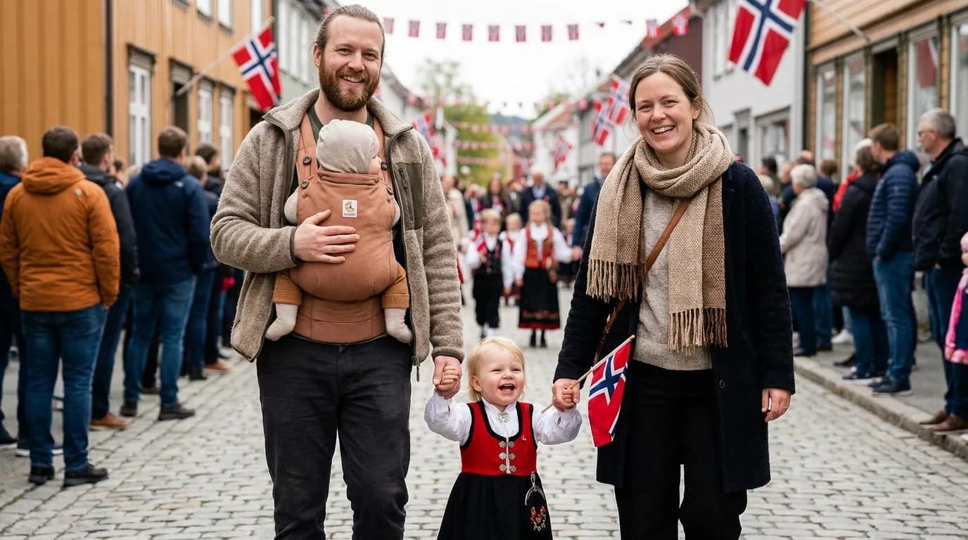 Familie med baby i bæresele og småbarn i hånd på 17. mai-barnetog