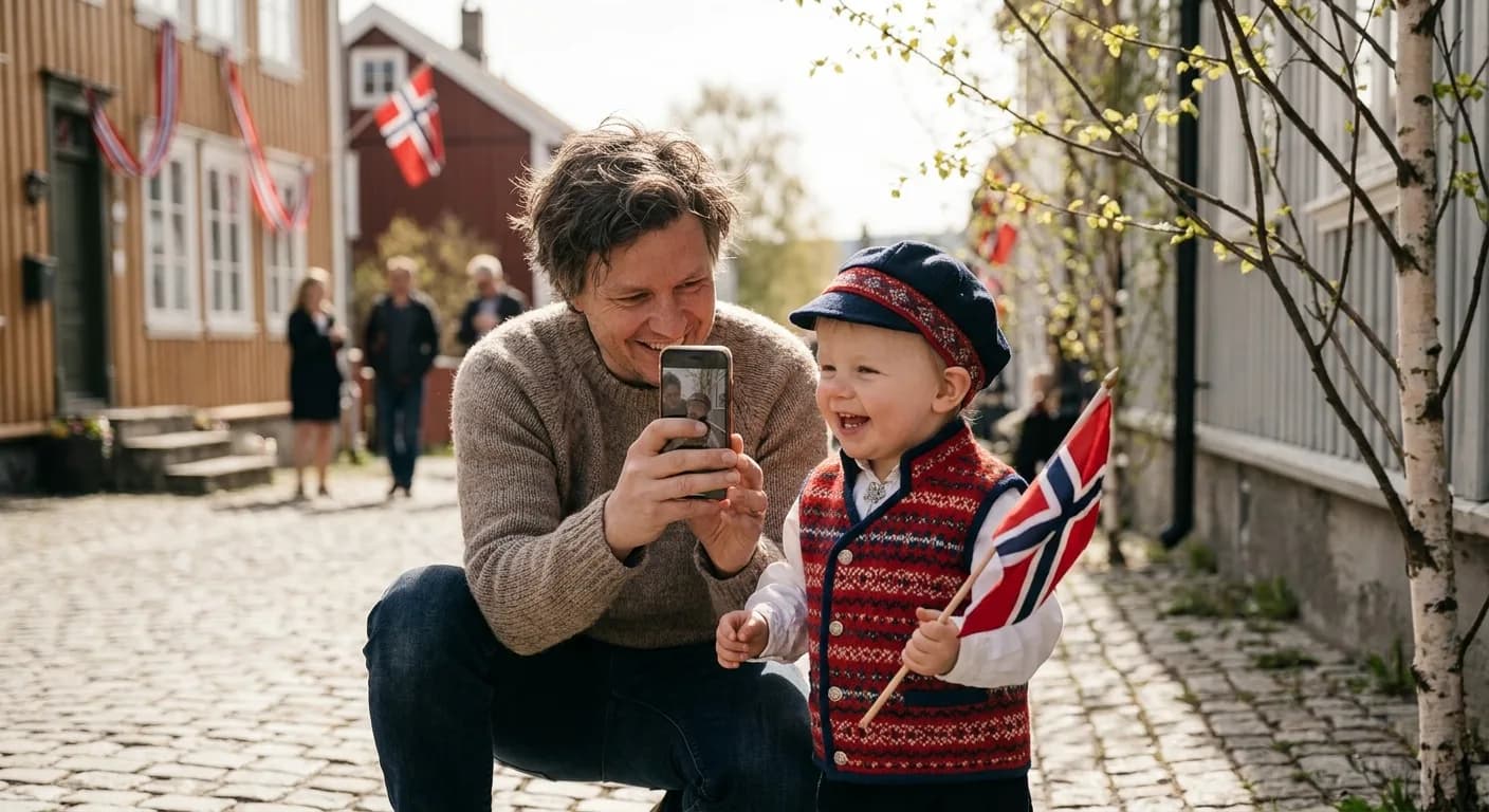 Forelder tar bilde av barn i 17. mai-antrekk