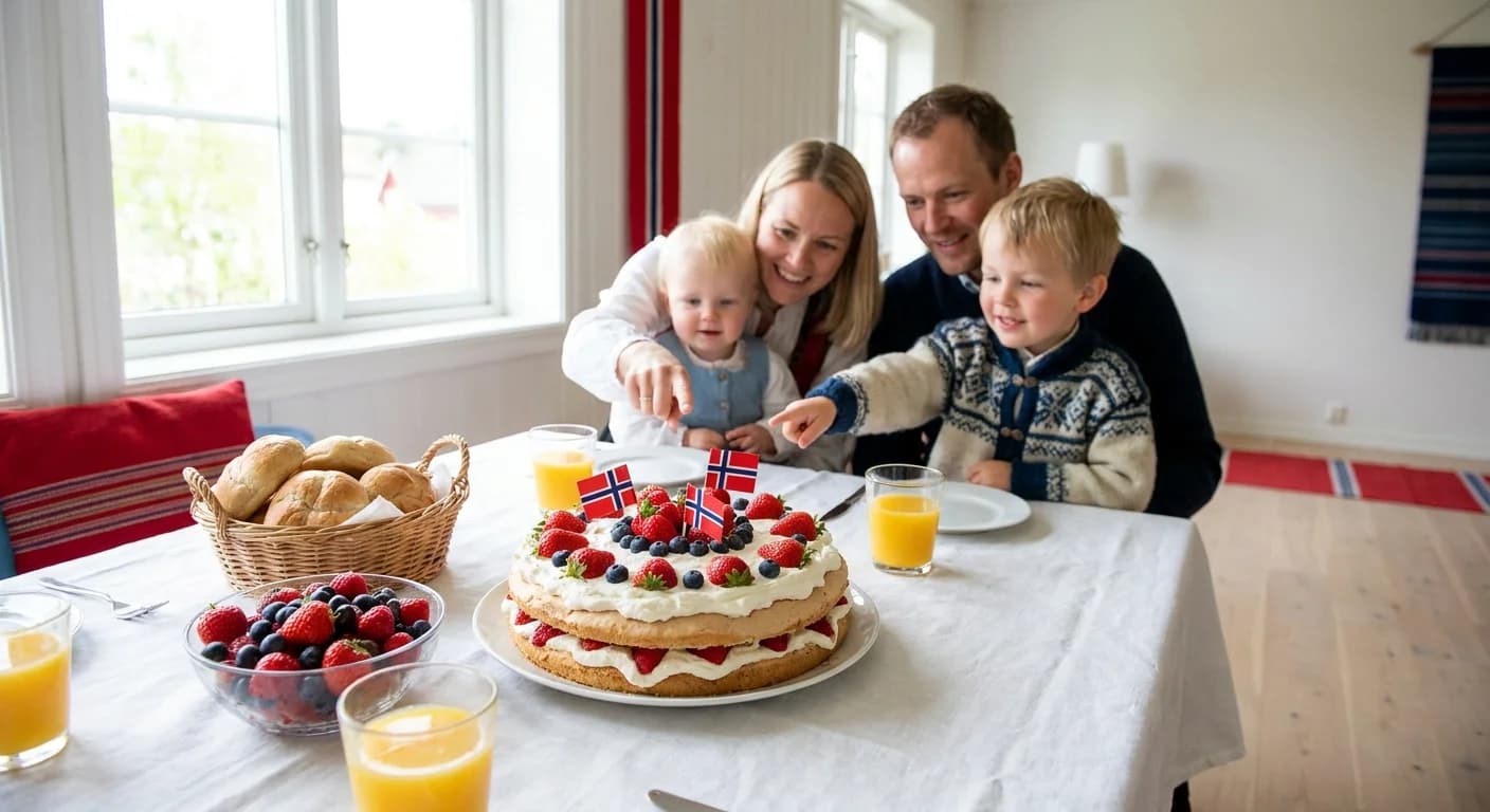 17. mai-frokostbord med bløtkake, jordbær og norske flagg