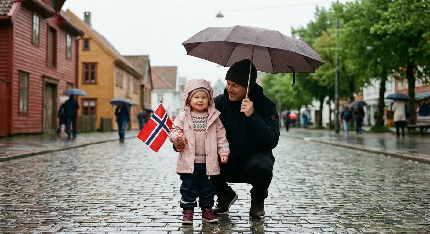 Familie ute på 17. mai i regnvær med paraply og norske flagg