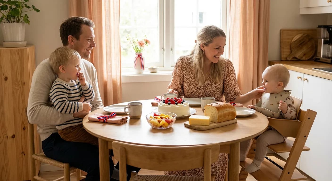 Familie med baby og småbarn rundt 17. mai-frokostbord med bløtkake og frukt