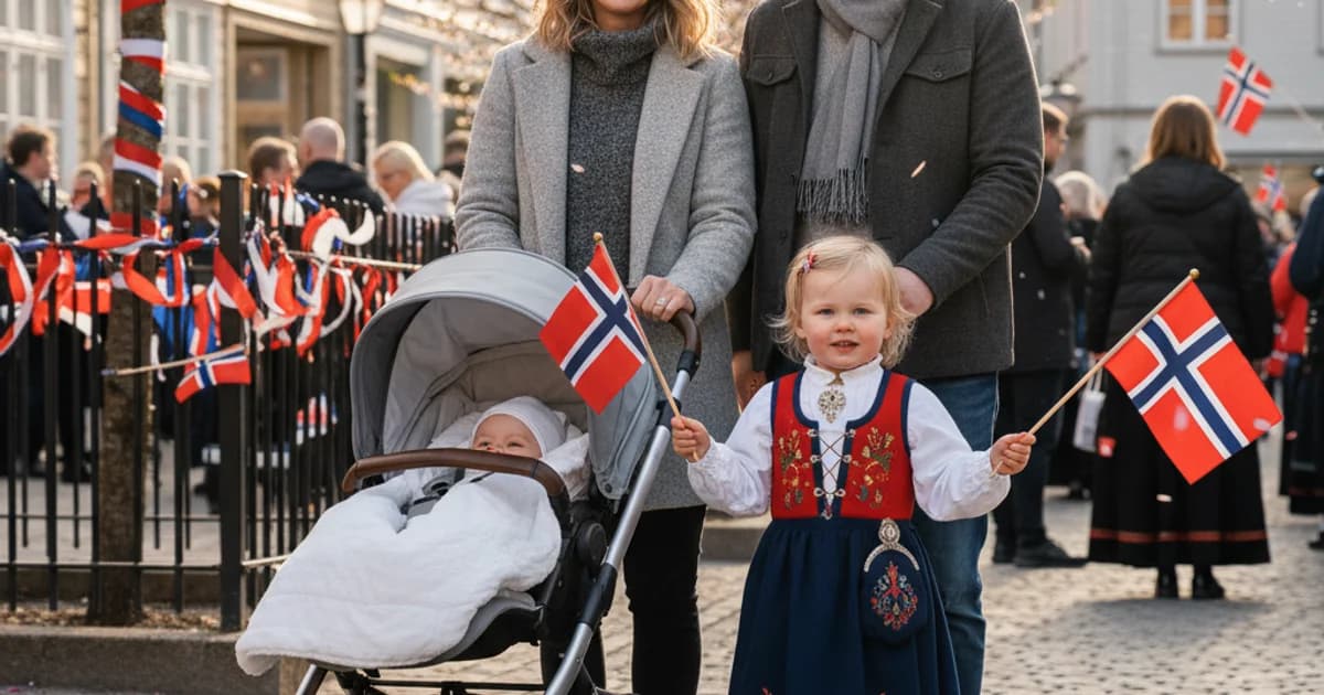 Familie med baby og norske flagg på 17. mai feiring