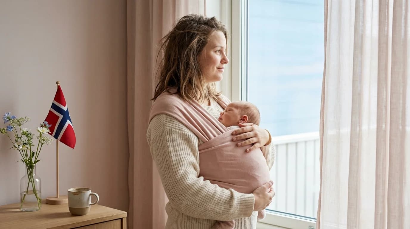 Nyfødt baby i bæresele med småflagg i hånden på 17. mai, foreldre smiler