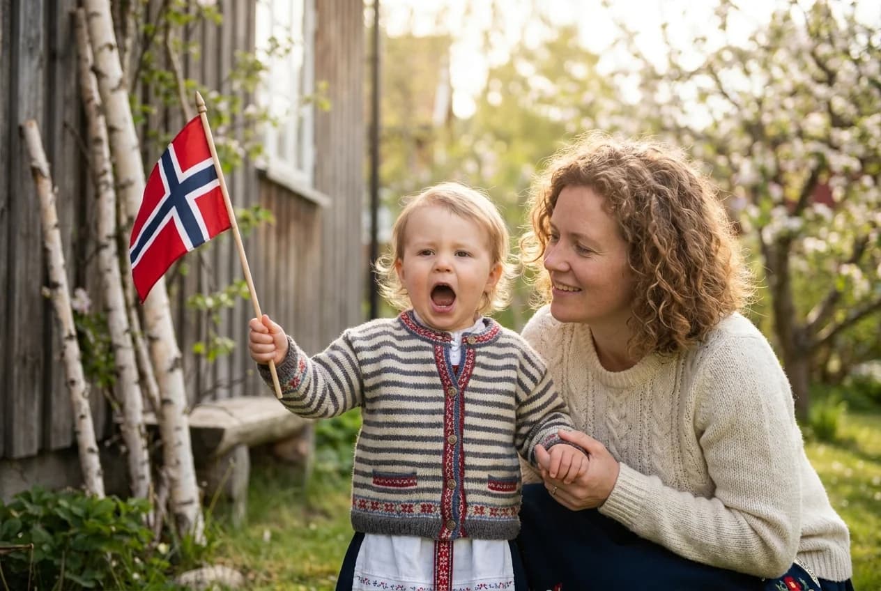 Barn som synger og klapper sammen med foreldre på 17. mai