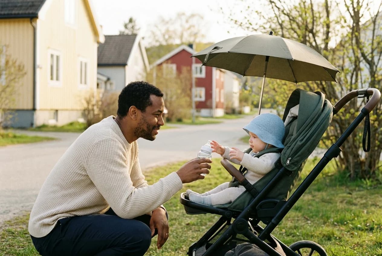 Baby med solhatt i parasoll-skygge på 17. mai, forelder gir vann