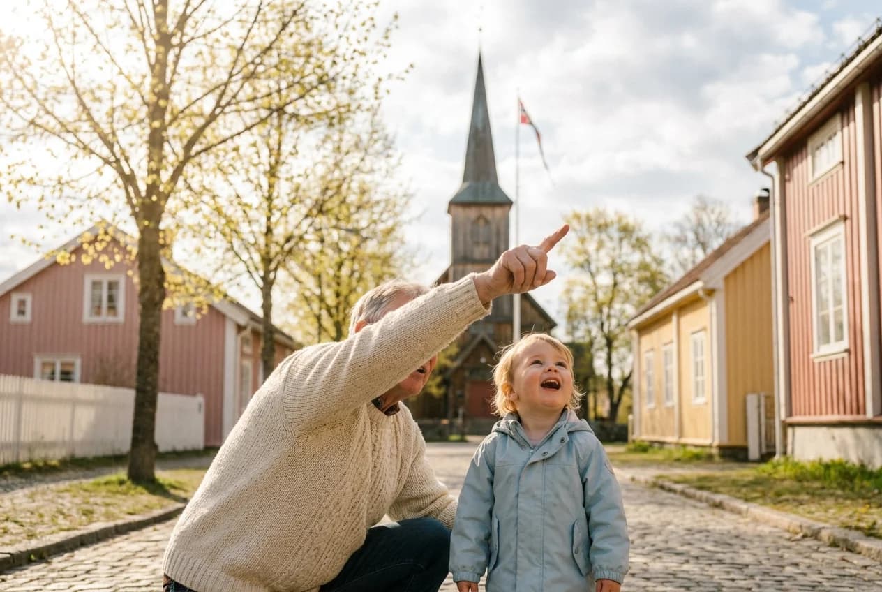 Småbarn som ser på 17. mai-tog, forelder peker og forklarer