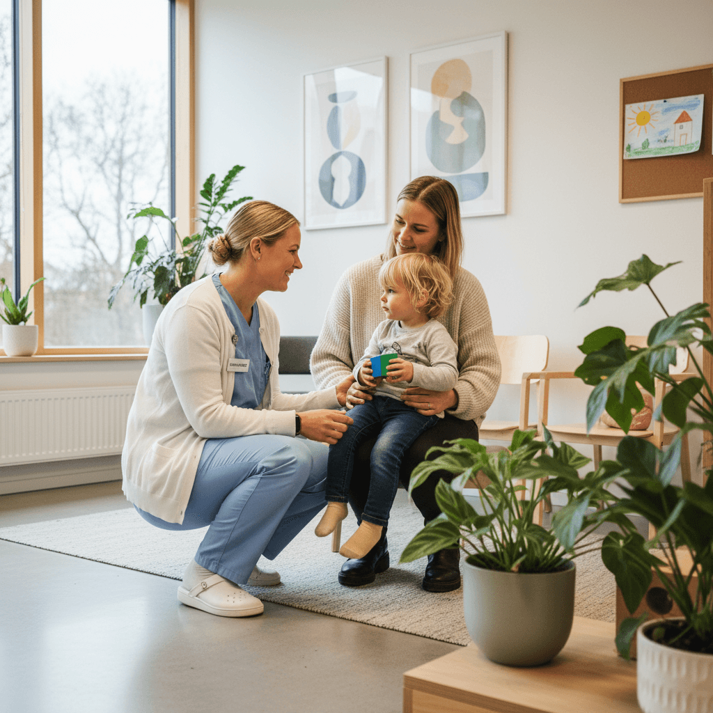 Helsesøster som snakker med et barn og forelder på helsestasjonen i en lys og vennlig setting