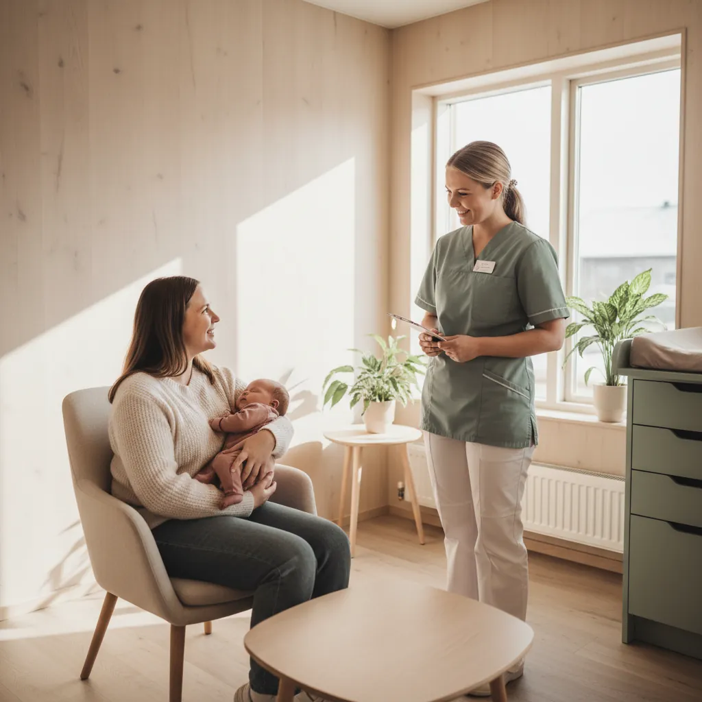 Mor med baby på helsestasjonen i et lyst nordisk rom