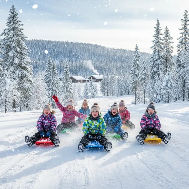 Barn i vinterdress som aker nedover en snødekt bakke med akebrett