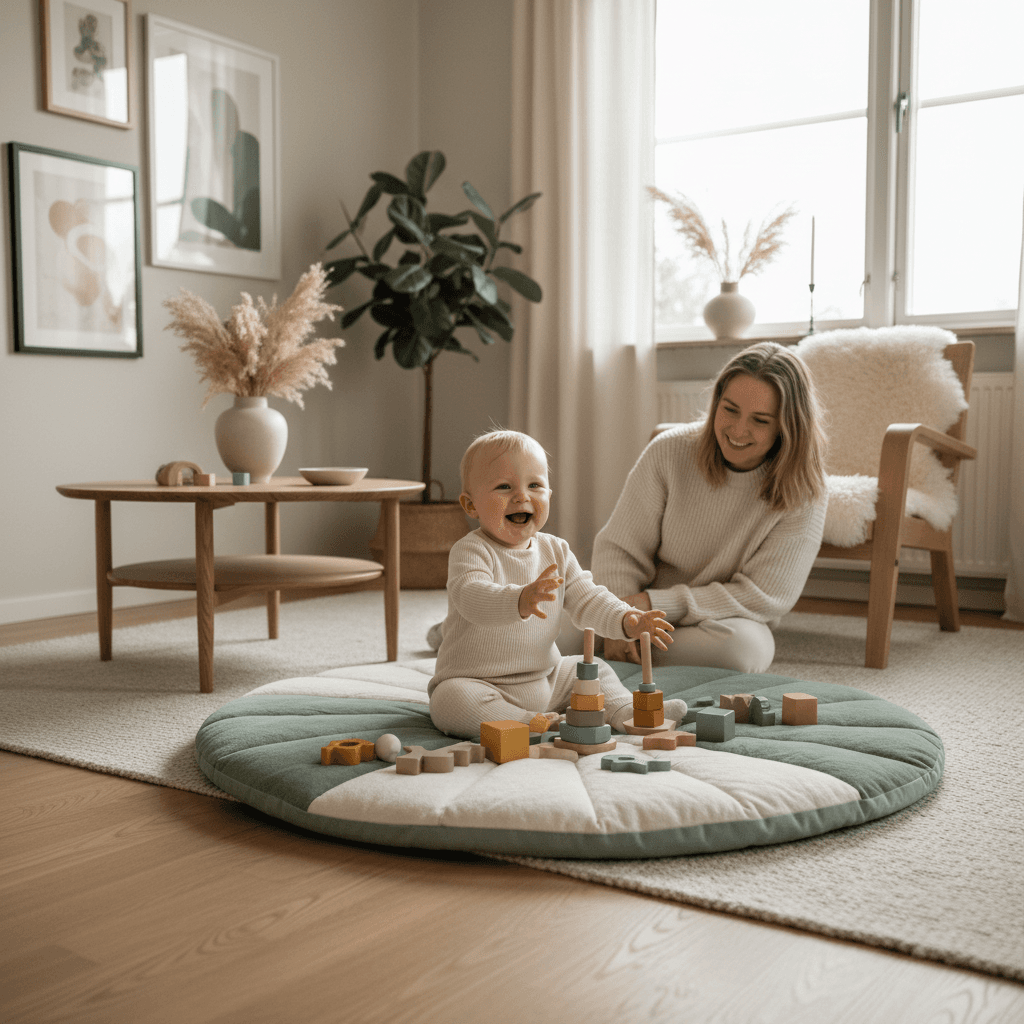 Baby som leker med fargerike leker på gulvet