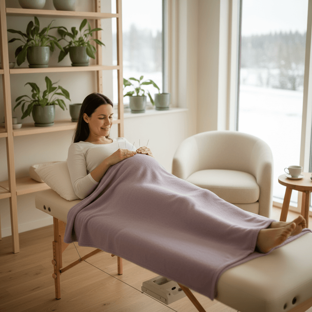 Gravid kvinne som mottar akupunkturbehandling i et rolig behandlingsrom