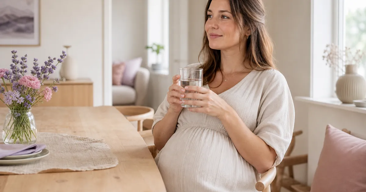 Gravid kvinne som holder et glass vann ved et middagsbord i et varmt skandinavisk hjem