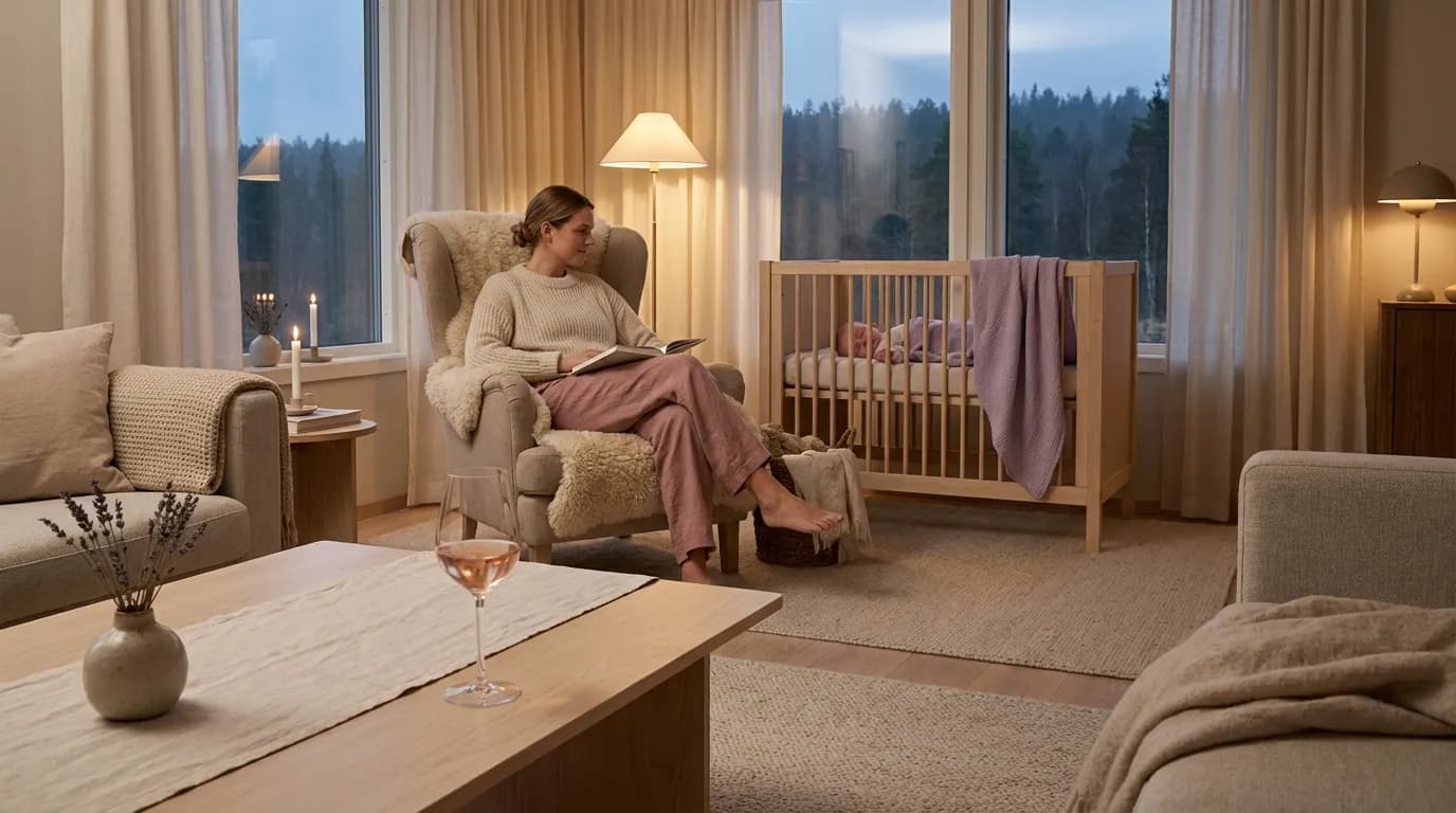 Kvinne som nyter et glass vin mens baby sover trygt