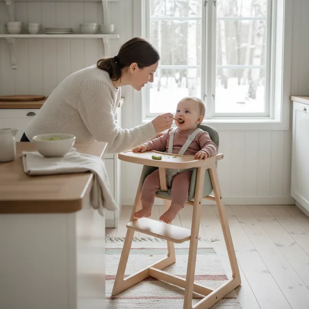Forelder som passer på barn under måltid med fokus på trygg matintroduksjon