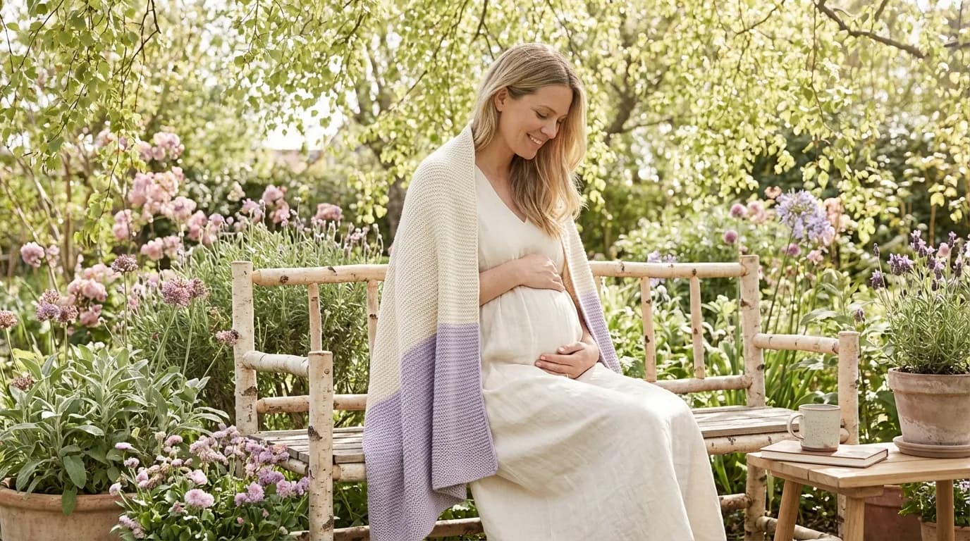 Gravid kvinne utendørs i blomstrende hage med solskinn