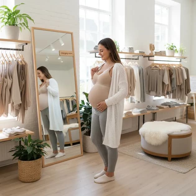 Gravid kvinne handler amme-BH i en lys norsk butikk