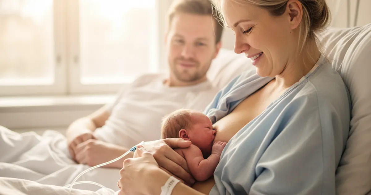 Nyfødt baby som ammer for første gang med mor på sykehuset