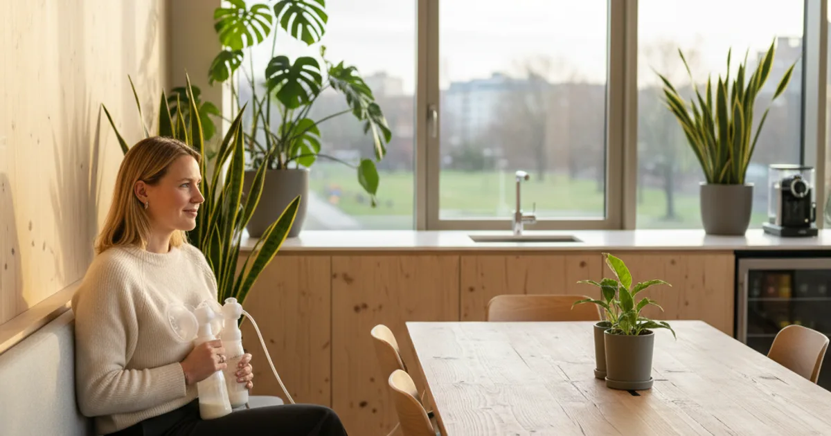 Kvinne som pumper brystmelk på kontor med moderne og lyst arbeidsmiljø