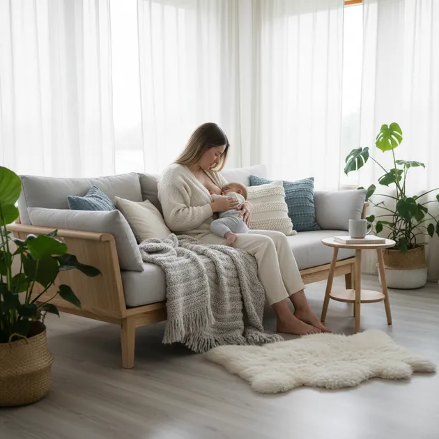 Ammende mor med baby i et lyst skandinavisk hjem