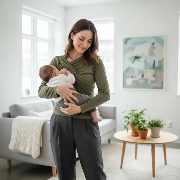 Kvinne i elegant ammetopp som ammer baby