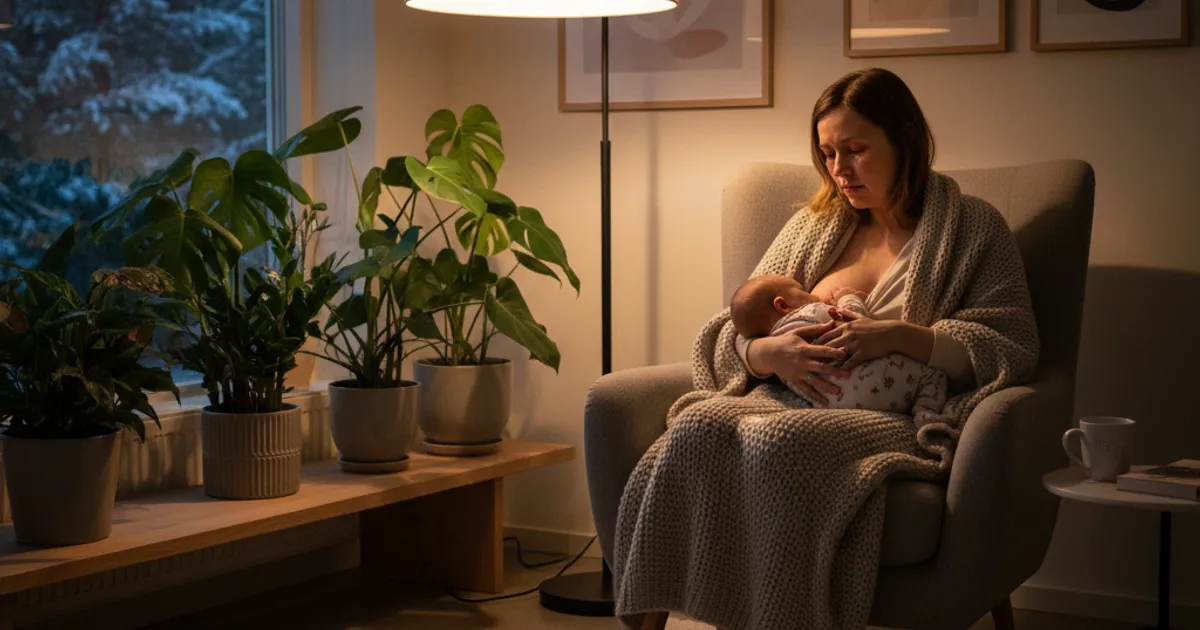 Mor som ammer baby i en rolig stund på sofaen