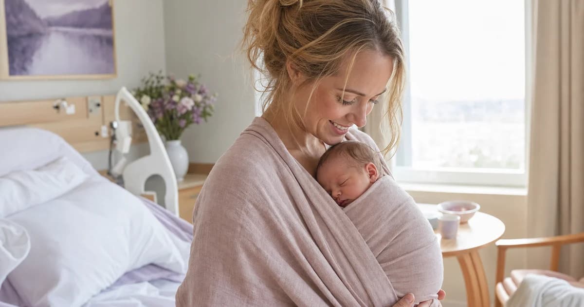 Nyfødt baby ammes hud-mot-hud av mor i koselig barselrom