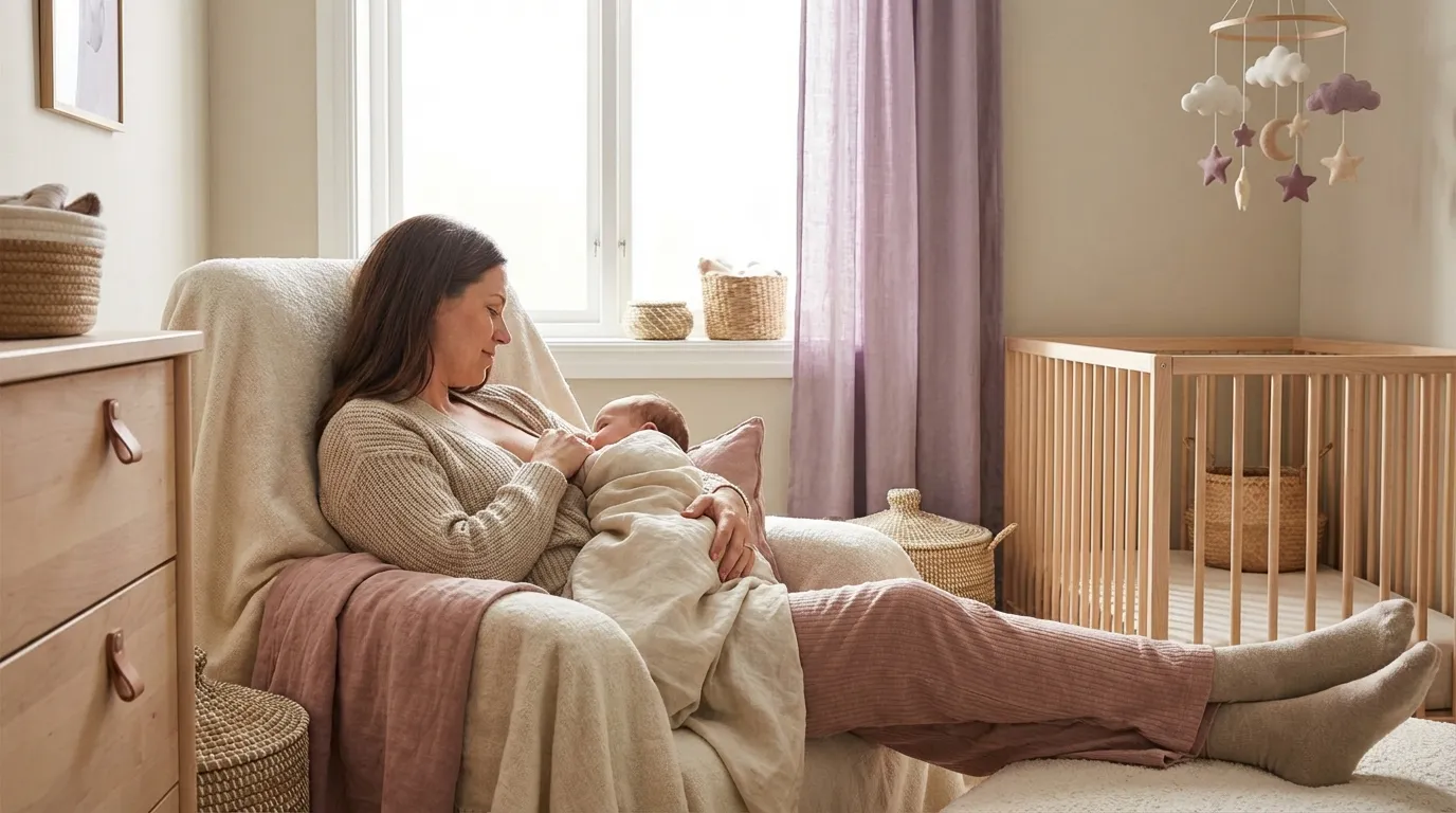 Mor som ammer baby i tilbakelent stilling i en lys, nordisk stue