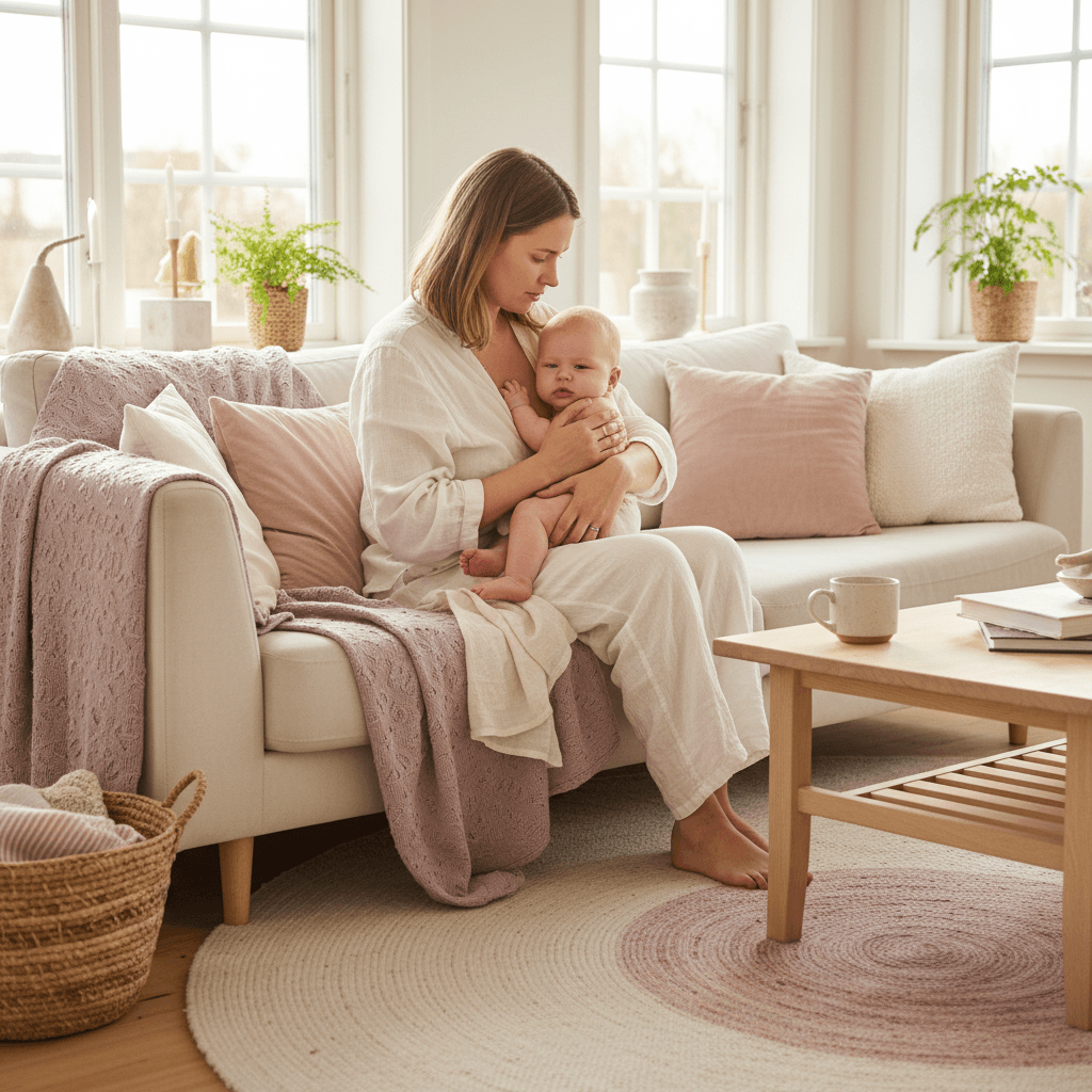 Mor som holder baby nært og forsøker å amme
