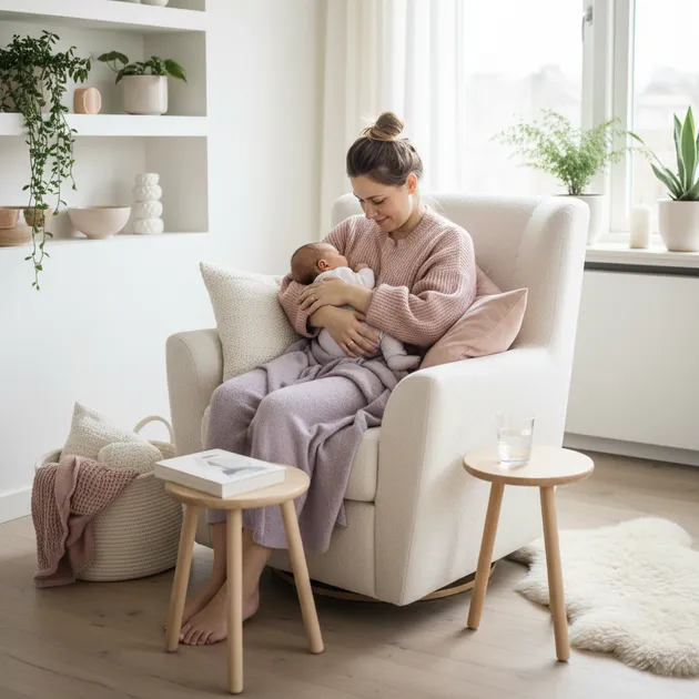 Mor som ammer baby i en rolig stue med mykt lys