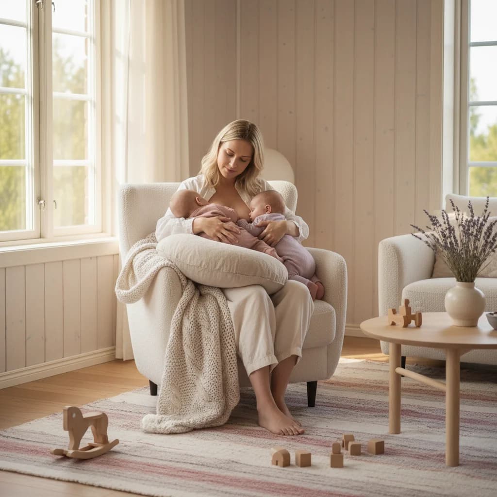 Mor som ammer to tvillingbabyer samtidig i en lys og rolig stue