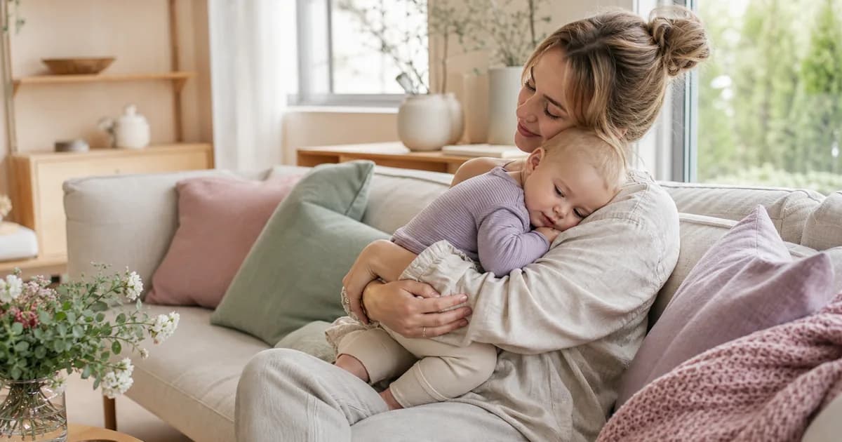 Forelder som holder rundt ettåring hjemme i sofaen etter barnehagedagen
