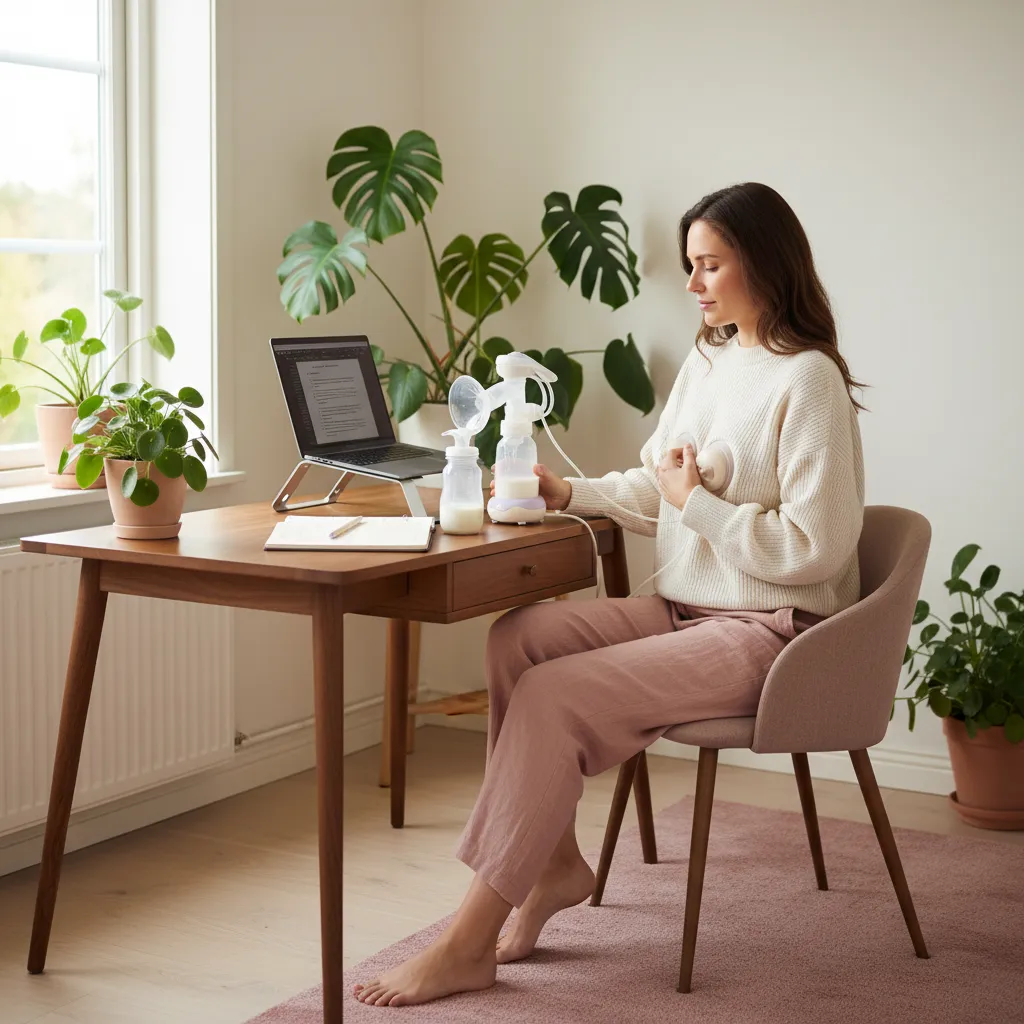 Mor med brystpumpe og laptop på et ryddig hjemmekontor