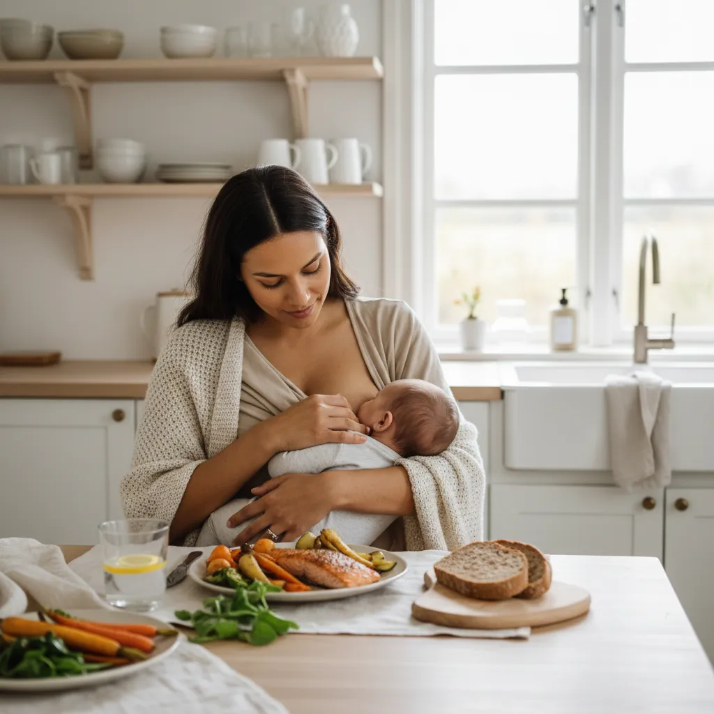 Kvinne spiser et sunt måltid mens hun ammer babyen