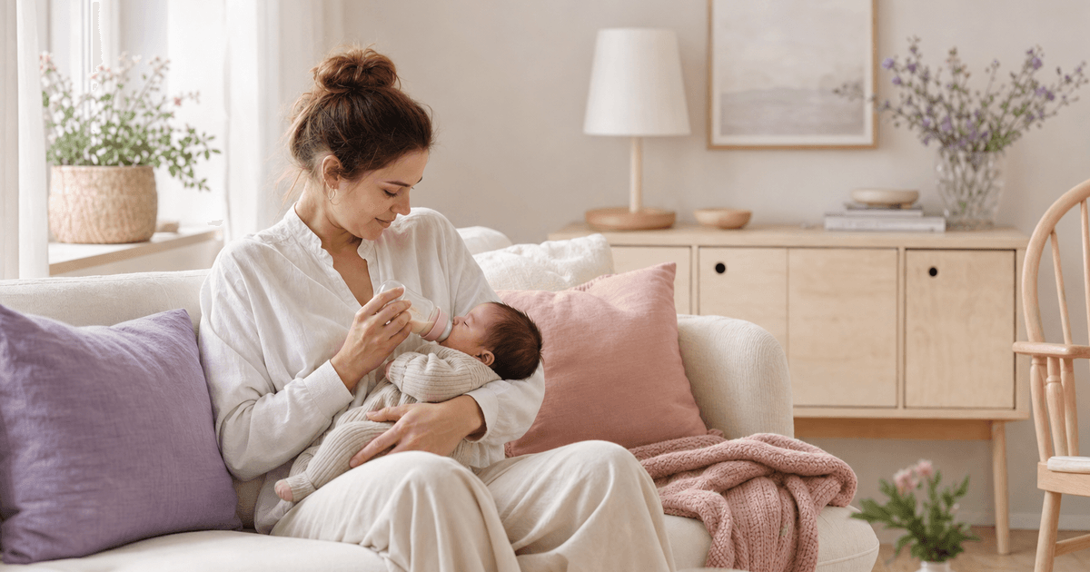 En forelder ammer en baby i en rolig, lys stue
