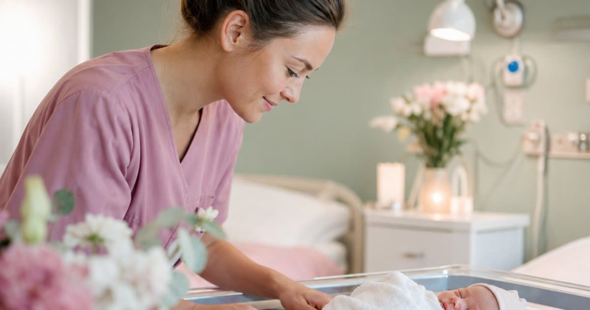 Jordmor som forsiktig vurderer en nyfødt baby på fødestuen kort tid etter fødselen
