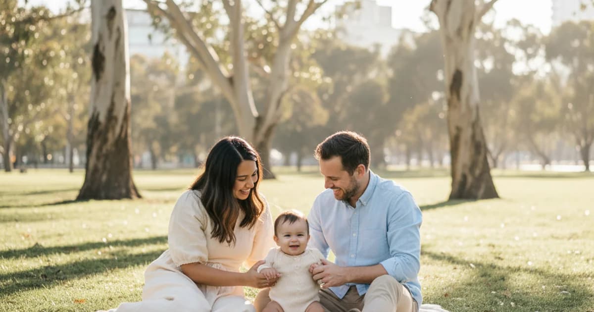 Australsk familie med baby i en park med eucalyptustrær