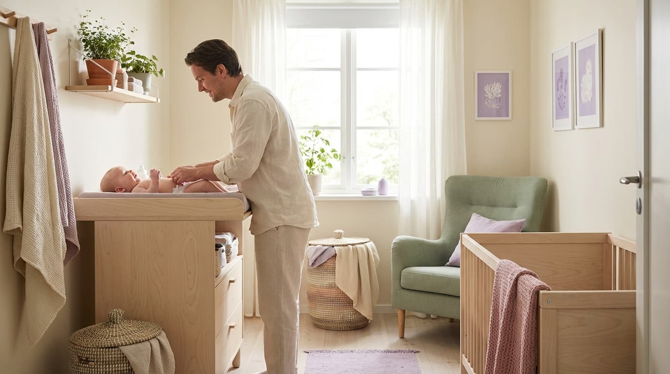 Forelder som skifter bleie på smilende baby