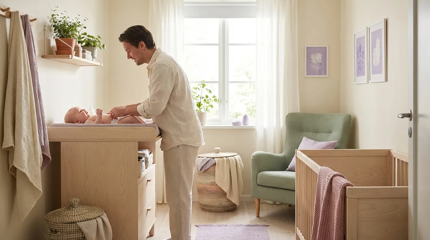 Forelder som skifter bleie på smilende baby