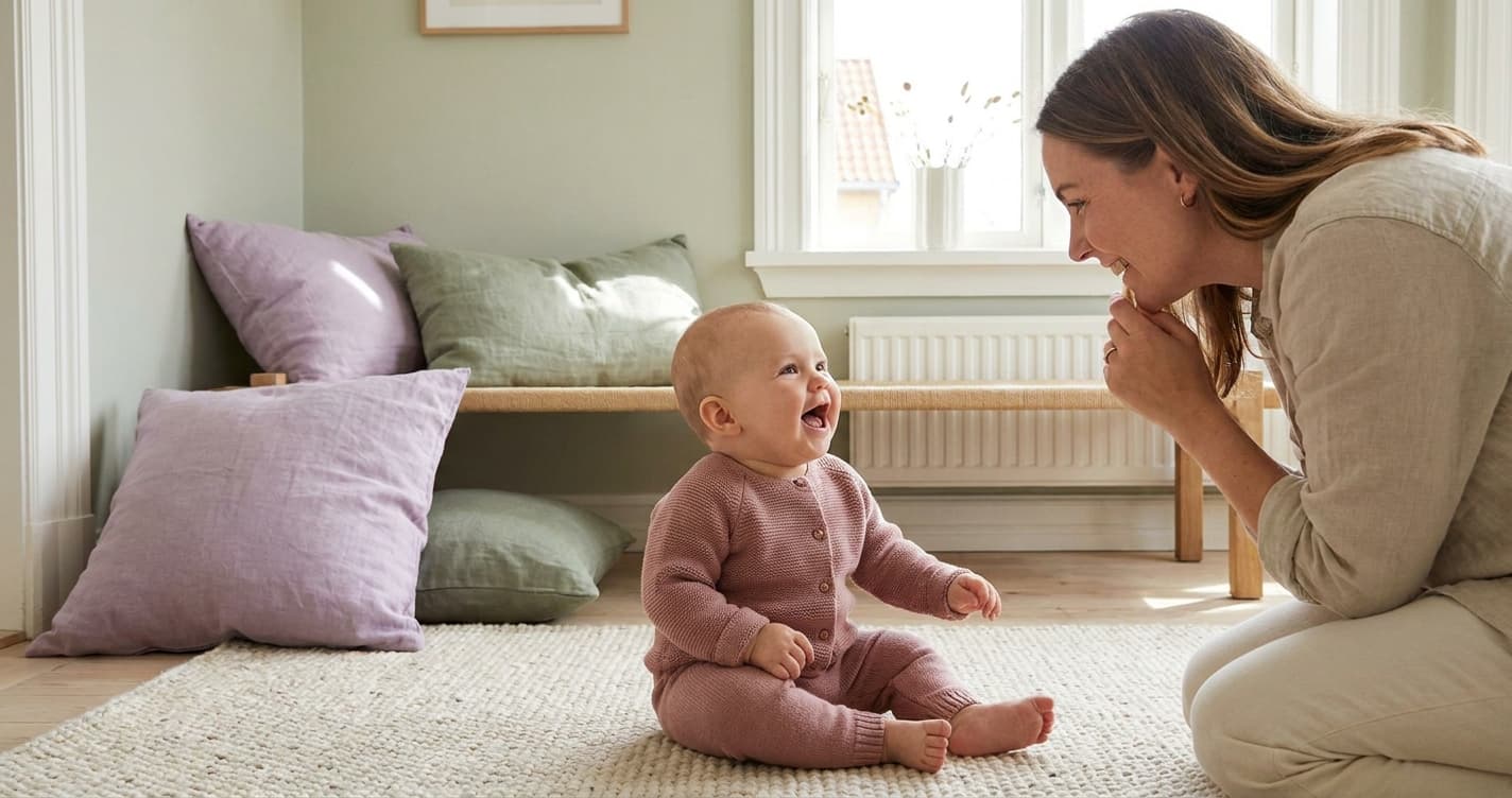 Smilende baby på 7 måneder sitter og bløffer ma-ma-ma til mor som lytter