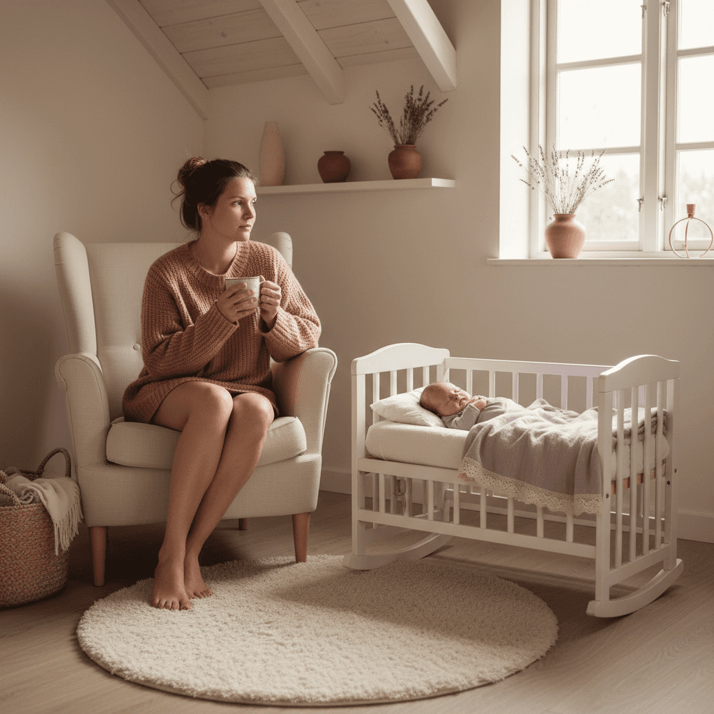 Nybakt mor som sitter med baby i et lyst nordisk hjem og ser tankefull ut