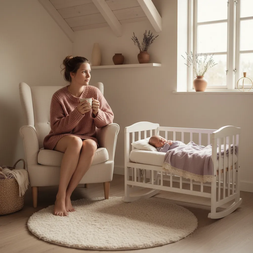 Nybakt mor som sitter med baby i et lyst nordisk hjem og ser tankefull ut