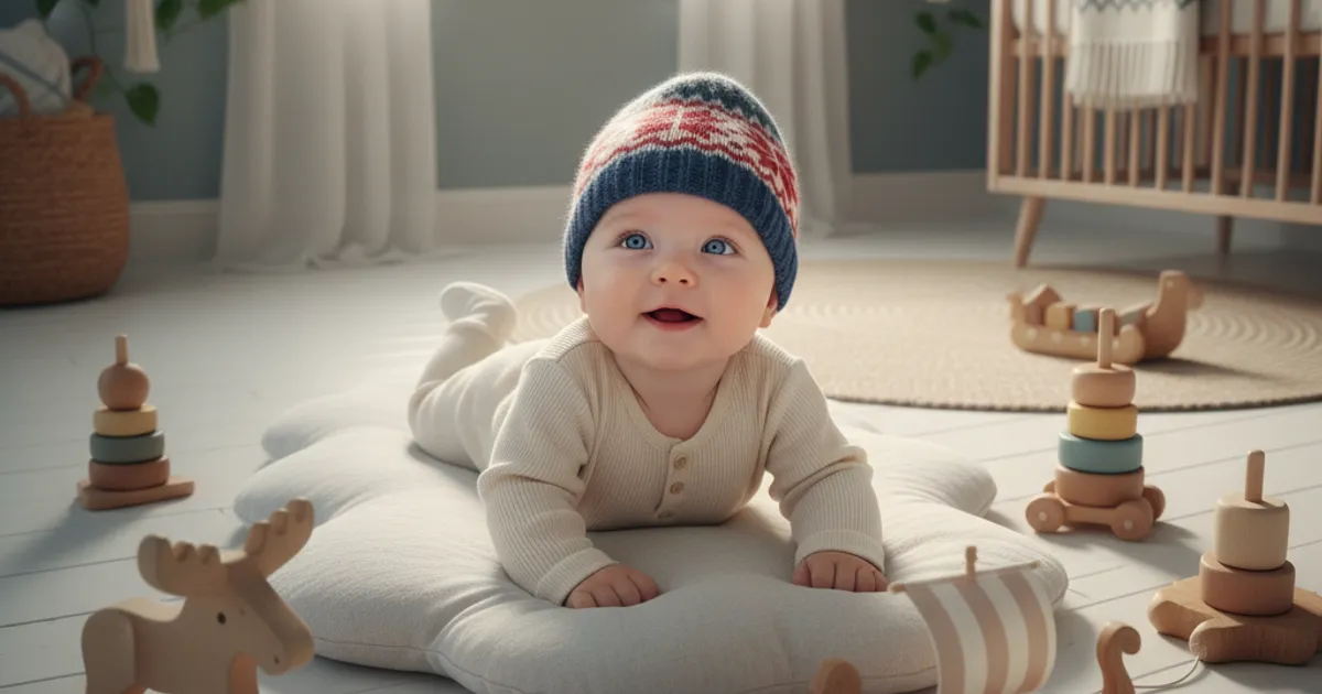 Baby som ligger på magen og løfter hodet med smil