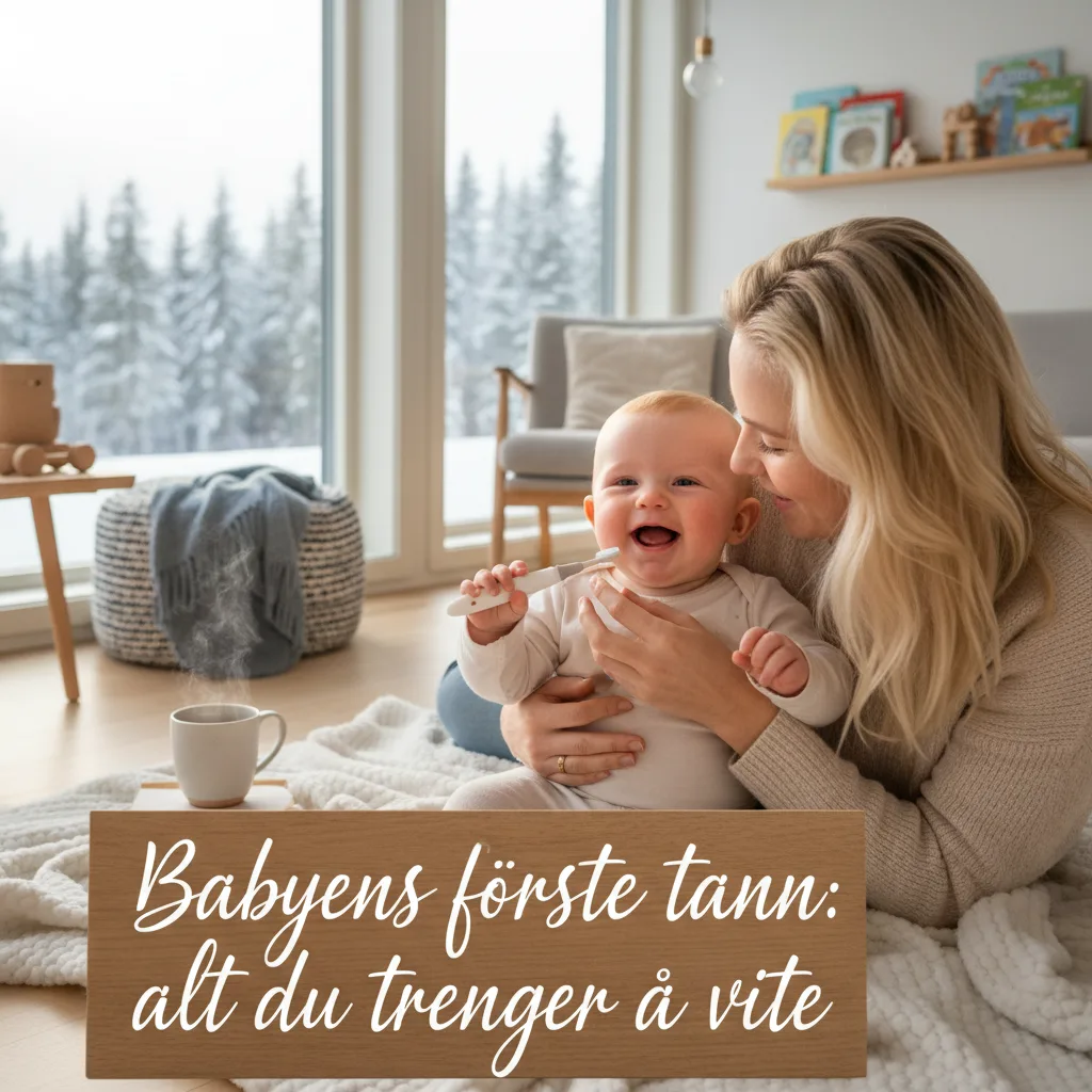 Smilende baby som viser frem sin første tann i et lyst skandinavisk hjem