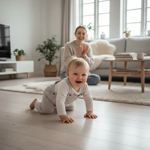 Småbarn som holder seg i en sofa og er i ferd med å ta sine første skritt