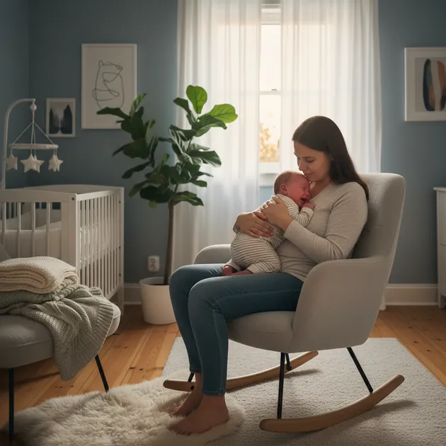 Forelder som holder en liten baby tett inntil brystet i en rolig skandinavisk stue