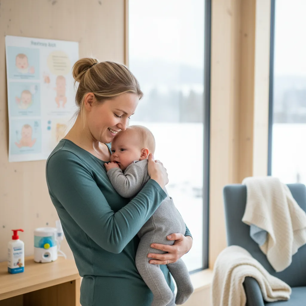 Forelder som holder og trøster baby med hoste i et varmt sovrom