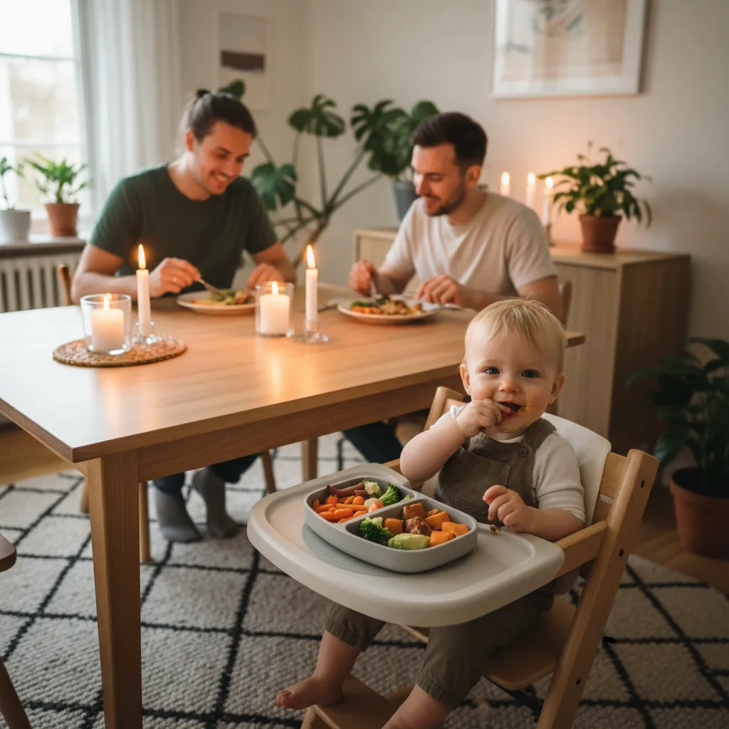 Baby på 10 måneder som spiser fingermat ved familiebordet i skandinavisk kjøkken