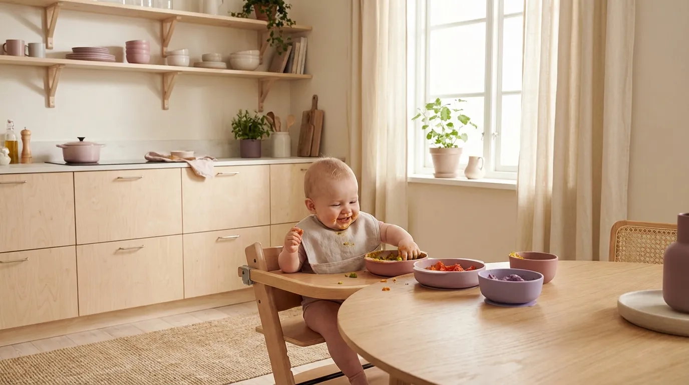 Baby i barnestol spiser grønnsaksmos med fargerike matskåler på bordet